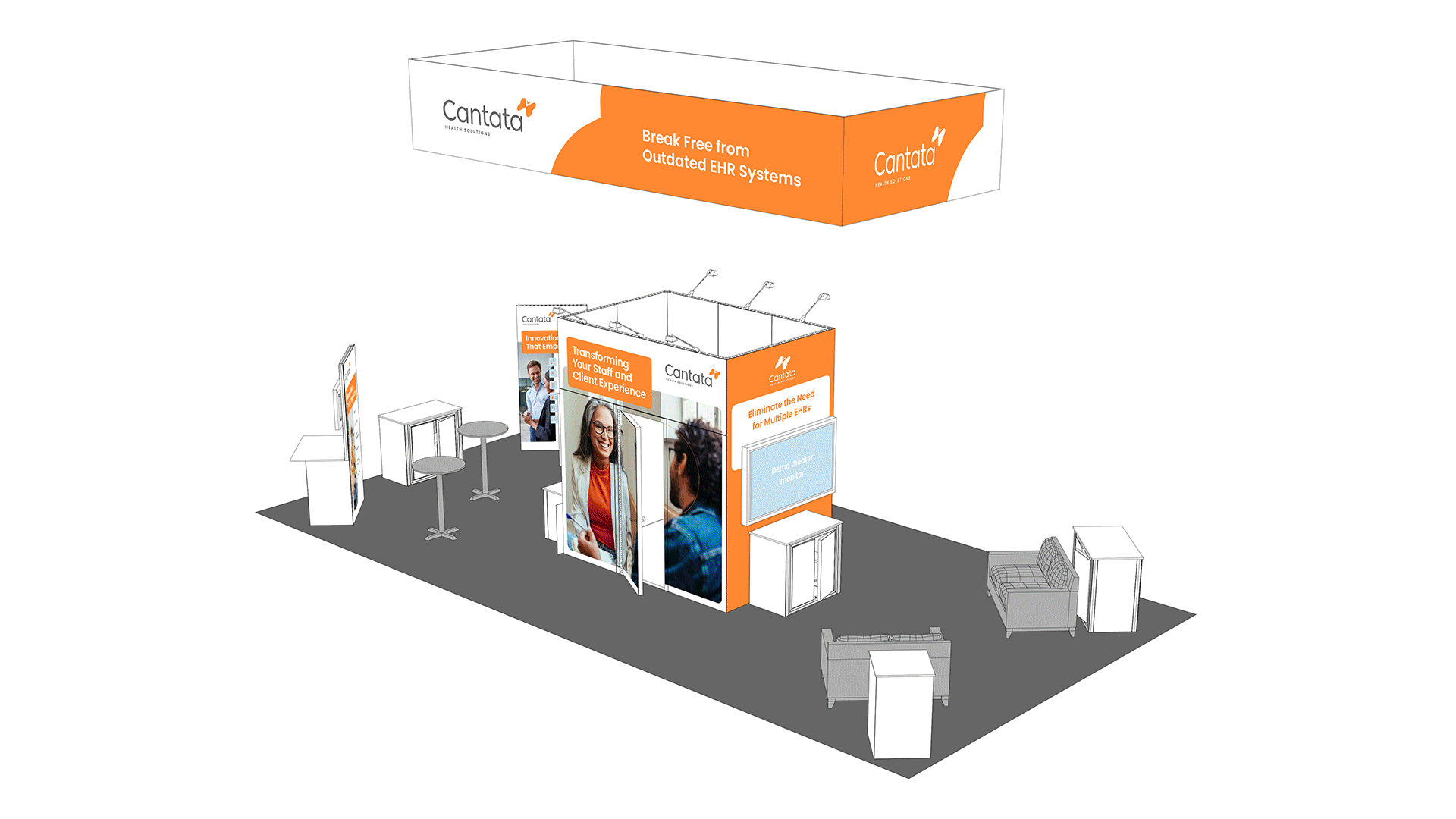 Event exhibition booth with company banner and product displays.