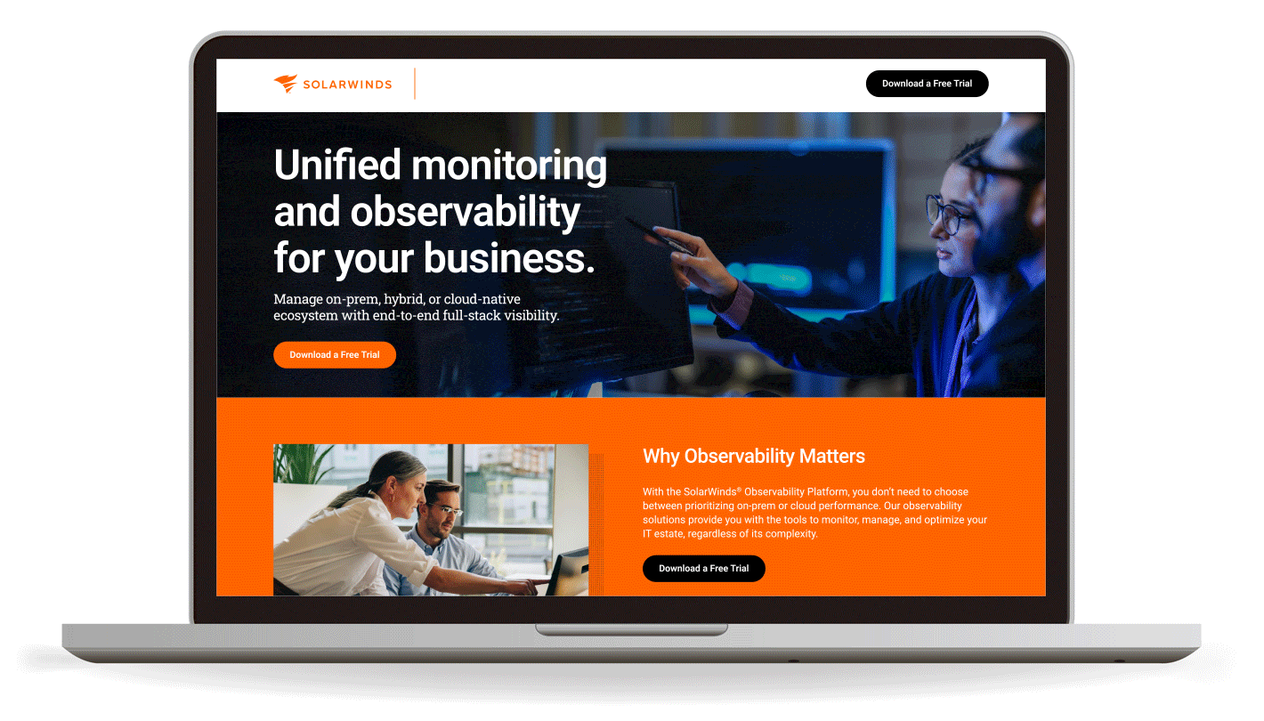 Laptop showcasing SolarWinds landing page.