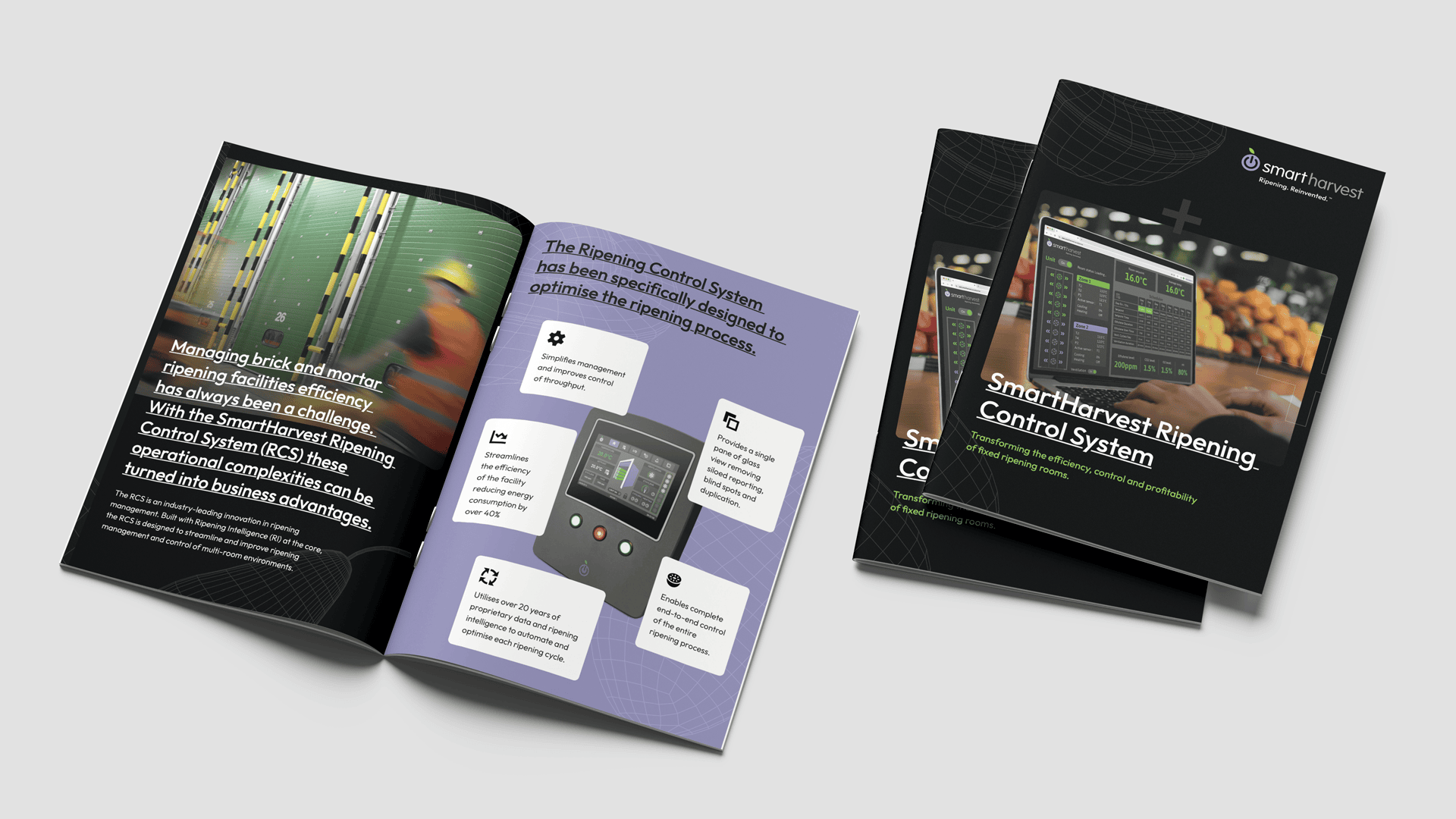8 page brochure mockup showing inner spread and cover