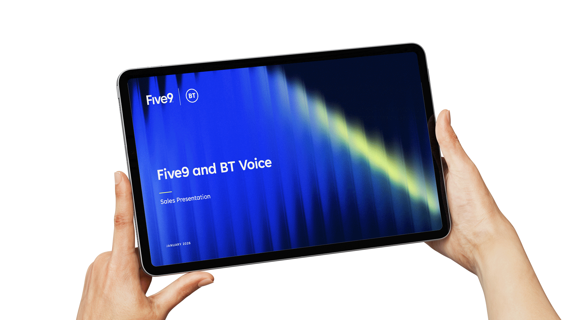 hands holding an ipad showcasing a sales presentation, multiple slides