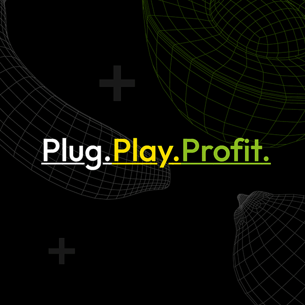 Plug. Play. Profit. tagline on black background with fruit wireframes. Thumbnail.